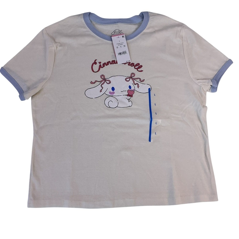 Sanrio Cinnamoroll Graphic‎ Tee Shirt Cream Blue Ringer Neck Size L